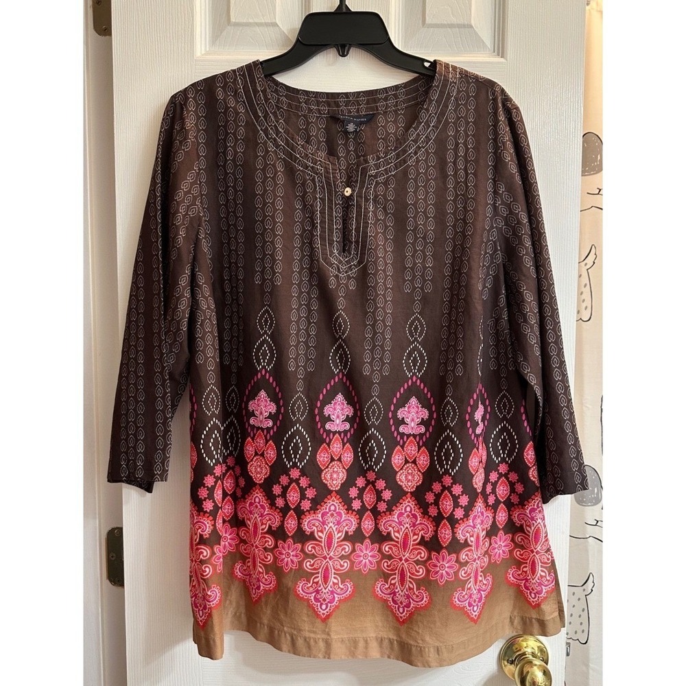 Tommy Hilfiger Womens 1X Brown Pink Paisley Cotton Tunic Top 3/4 Sleeve Blouse